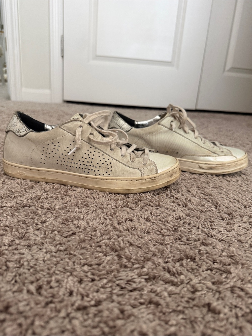 P448 Women's Lace-Up Sneakers in Off-White with Silver Heel